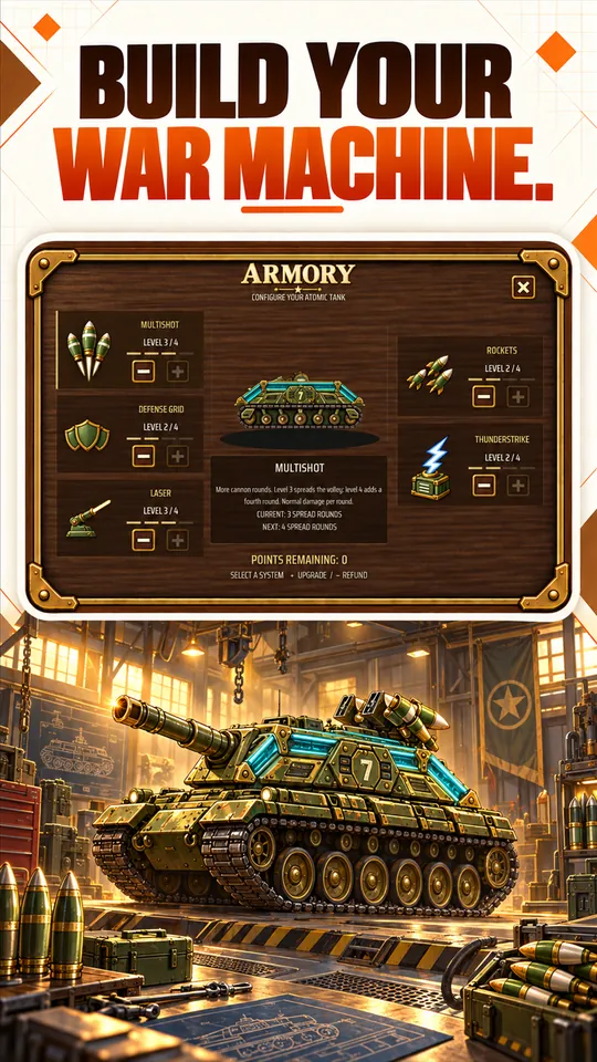 Promotional view of the Armory and an upgraded player tank