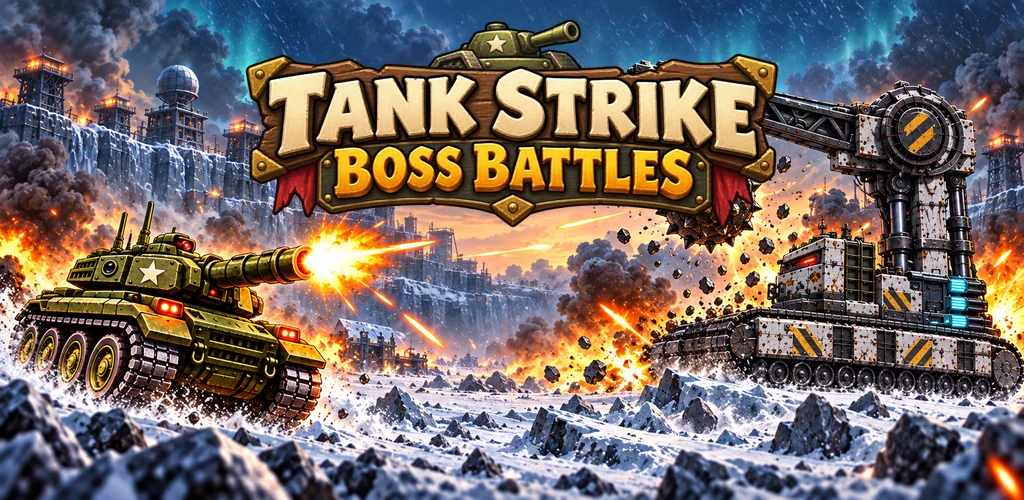 Promotional artwork showing a tank facing a colossal enemy machine in a frozen battle